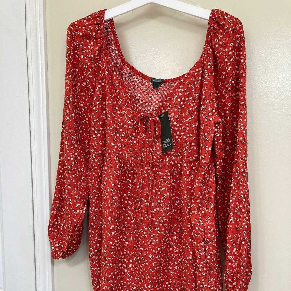 Women's Long Sleeve Tie-Front Muse Dress Wild Fable Red Floral New w/Tag